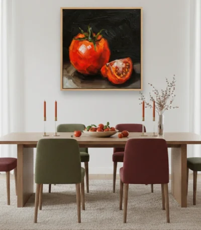 Contemporary still life painting depicting vibrant red tomatoes with dramatic chiaroscuro against dark background, dining space