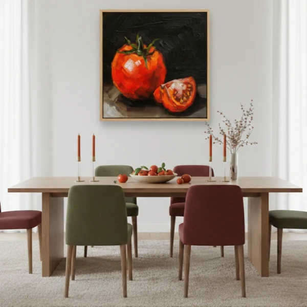 Contemporary still life painting depicting vibrant red tomatoes with dramatic chiaroscuro against dark background, dining space
