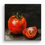 Contemporary still life hand-painted canvas depicting vibrant red tomato with green stem and sliced section, warm ochre and black palette