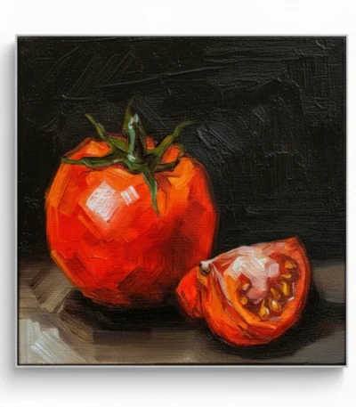 Contemporary still life hand-painted canvas depicting vibrant red tomato with green stem and sliced section, warm ochre and black palette