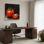 Gestural still life hand-painted canvas depicting vibrant red tomatoes with bold brushwork against dark background, contemporary office space