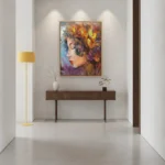 Impressionist hand-painted canvas of a woman's profile with vibrant yellow and purple floral crown, warm and cool tones blended, contemporary hallway setting