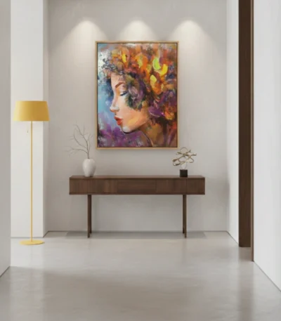 Impressionist hand-painted canvas of a woman's profile with vibrant yellow and purple floral crown, warm and cool tones blended, contemporary hallway setting