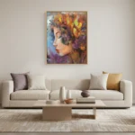 Expressionist hand-painted canvas of a woman's profile with vibrant multicolored hair in warm oranges, purples, and yellows, contemporary living space