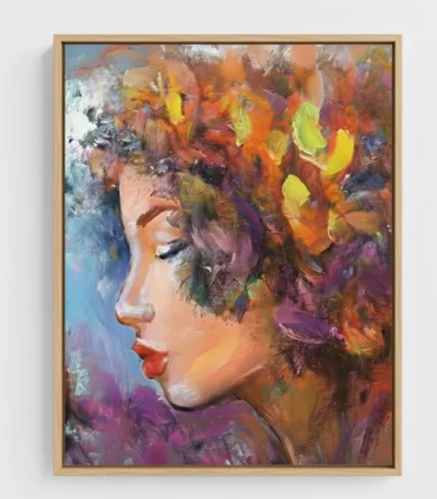 Gestural expressionist hand-painted canvas depicting a woman's profile with vibrant florals in warm oranges, purples, and yellows, contemporary interior setting