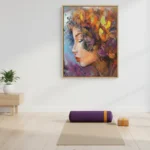 Gestural expressionist hand-painted canvas depicting a woman's profile in vibrant purples, oranges, and yellows, yoga studio setting