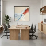 Contemporary landscape hand-painted canvas depicting Great Wall of China with red lanterns and snow-capped mountains in muted blues and creams, styled in modern office space