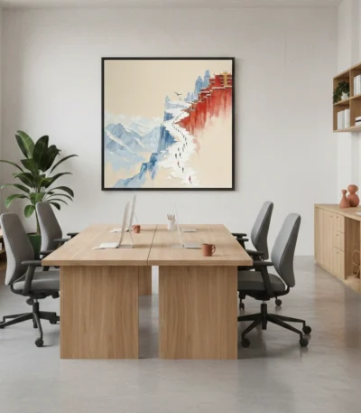 Contemporary landscape hand-painted canvas depicting Great Wall of China with red lanterns and snow-capped mountains in muted blues and creams, styled in modern office space