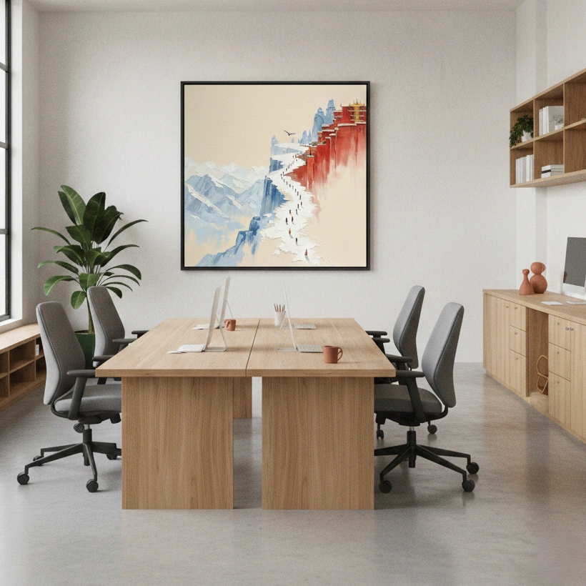 Crimson Ridge Path Highland mountain trail view color art (1.5) Contemporary landscape hand-painted canvas depicting Great Wall of China with red lanterns and snow-capped mountains in muted blues and creams, styled in modern office space