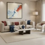 Contemporary landscape hand-painted canvas depicting misty mountains and red pagoda structures in cool blue and warm terracotta tones, styled in modern living space