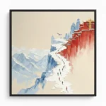 Contemporary hand-painted canvas depicting a snowy mountain pathway leading to red pagoda architecture in muted blues and warm earth tones