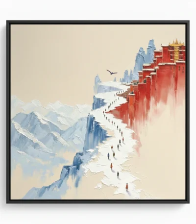 Contemporary hand-painted canvas depicting a snowy mountain pathway leading to red pagoda architecture in muted blues and warm earth tones