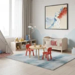 Contemporary landscape hand-painted canvas depicting Great Wall mountains in red and blue tones, nursery setting