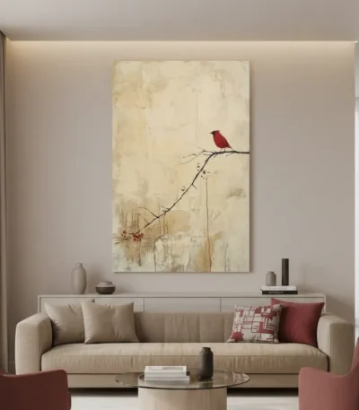 Minimalist hand-painted canvas featuring a solitary red cardinal perched on a delicate branch, cream and muted earth tones, contemporary living space