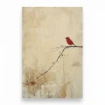 Minimalist hand-painted canvas depicting a solitary red cardinal perched on a branch with berries, warm cream and charcoal palette