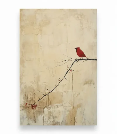Minimalist hand-painted canvas depicting a solitary red cardinal perched on a branch with berries, warm cream and charcoal palette