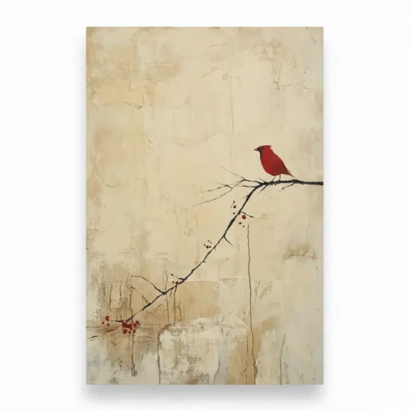 Minimalist hand-painted canvas depicting a solitary red cardinal perched on a branch with berries, warm cream and charcoal palette
