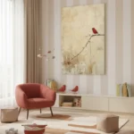 Contemporary figurative hand-painted canvas featuring a solitary red bird perched on branch, muted cream and ochre palette, modern living space