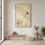 Minimalist hand-painted canvas featuring a solitary red bird perched on a delicate branch, soft cream and ochre tones, contemporary interior