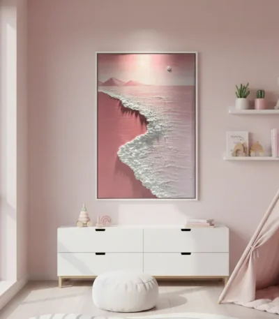 Contemporary landscape painting depicting a coastal seascape with pink-toned waves and distant mountains, hand-painted canvas in soft rose palette, styled modern bedroom