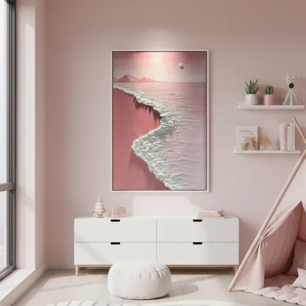 Contemporary landscape painting depicting a coastal seascape with pink-toned waves and distant mountains, hand-painted canvas in soft rose palette, styled modern bedroom