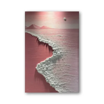 Contemporary landscape hand-painted canvas depicting serene coastal waves and distant mountains in soft rose and cream tones