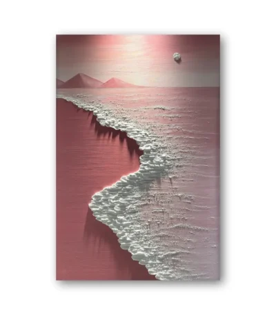 Contemporary landscape hand-painted canvas depicting serene coastal waves and distant mountains in soft rose and cream tones
