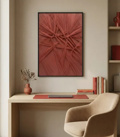 Textured abstract hand-painted canvas in deep terracotta and rust tones with gestural brushwork, displayed in contemporary workspace