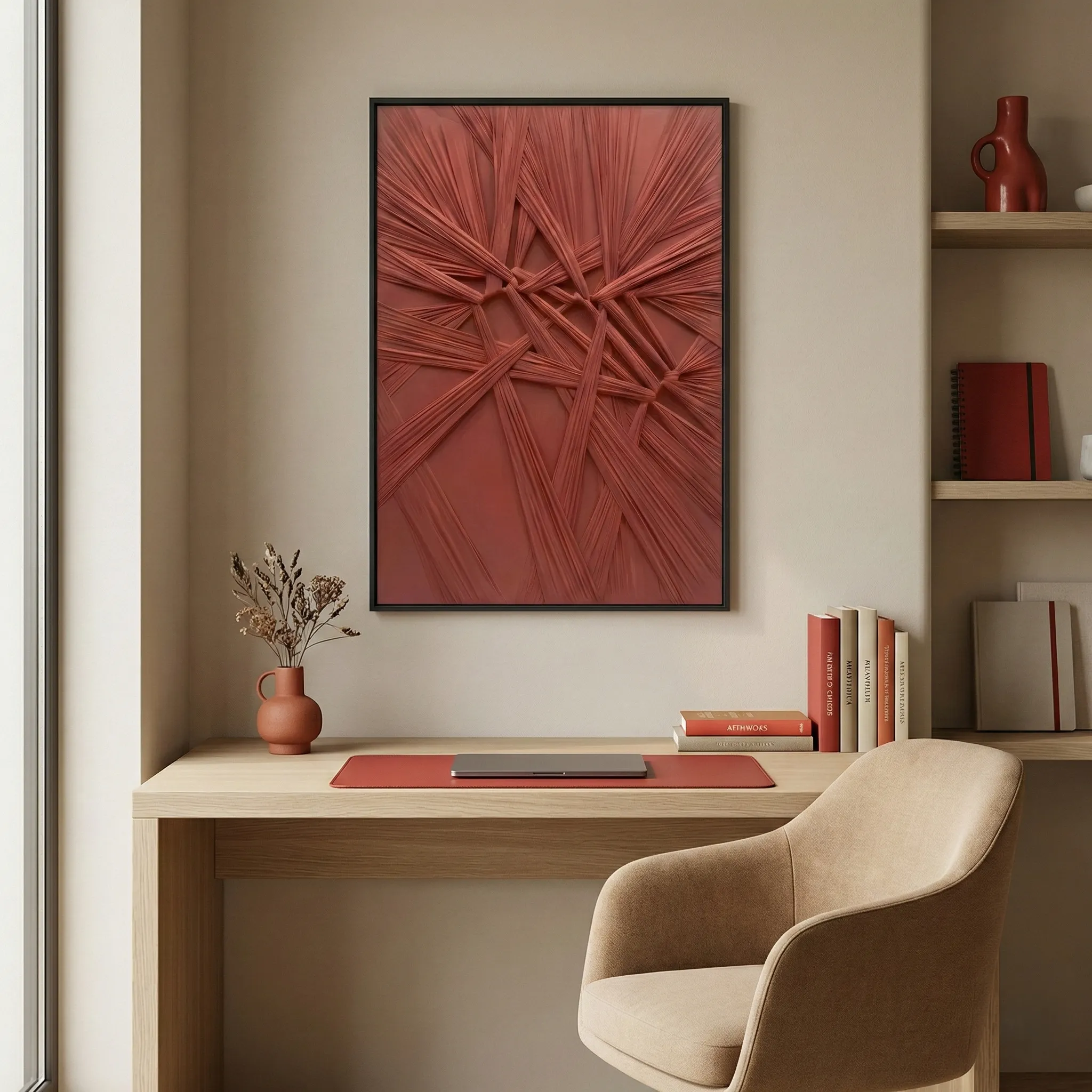 Crimson Weaver Textured interlaced fabric strands fabric wall art (1.5) Textured abstract hand-painted canvas in deep terracotta and rust tones with gestural brushwork, displayed in contemporary workspace