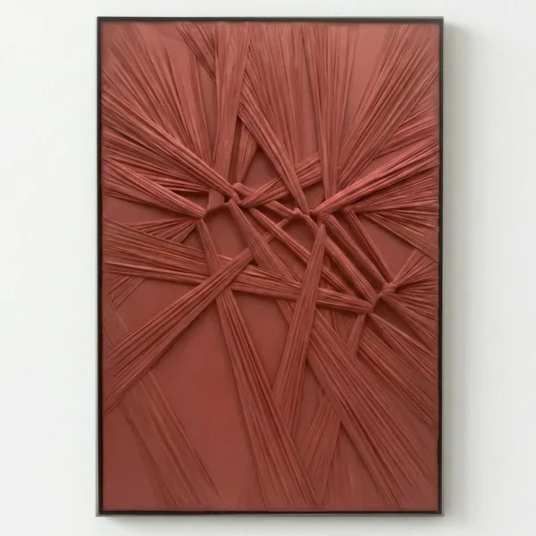 Textured abstract hand-painted canvas with interwoven linear brushstrokes in terracotta and rust tones, contemporary living space
