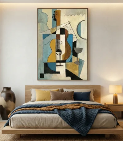 Cubist hand-painted canvas featuring abstract guitar and geometric shapes in blue, ochre, and black tones, modern bedroom setting