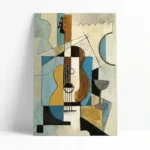 Cubist hand-painted canvas depicting a fragmented guitar with geometric shapes in blue, ochre, cream and black tones