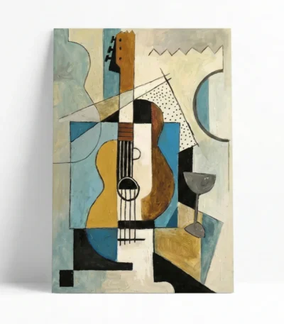 Cubist hand-painted canvas depicting a fragmented guitar with geometric shapes in blue, ochre, cream and black tones