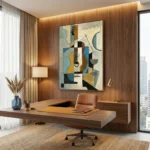 Cubist hand-painted canvas depicting an abstracted guitar with geometric shapes in blue, ochre, and black tones, modern office setting