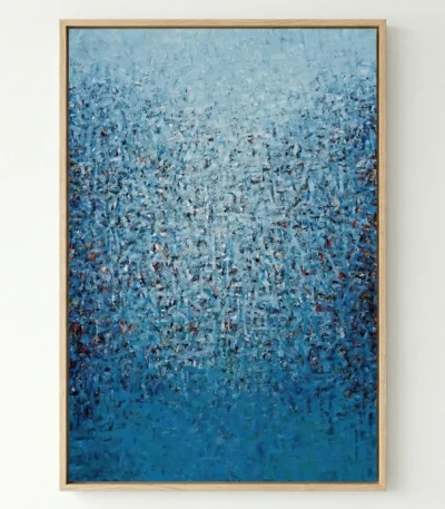 Layered abstract hand-painted canvas in gradient ocean blues with textured gestural marks, displayed in a contemporary space
