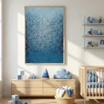 Textured abstract hand-painted canvas in layered blues and whites with gestural marks, nursery setting