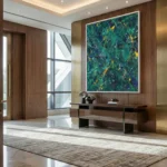 Gestural abstract expressionist hand-painted canvas in vibrant emerald, navy, and golden yellow brushstrokes, modern entryway
