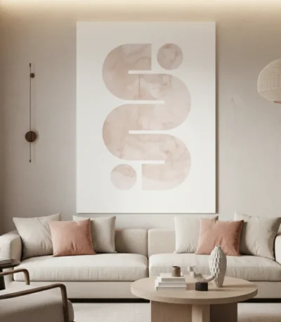Minimalist abstract hand-painted canvas with geometric cutout shapes in warm neutral tones, contemporary living space