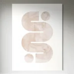 Minimalist hand-painted canvas with geometric curved forms in soft taupe and cream tones, contemporary wall space