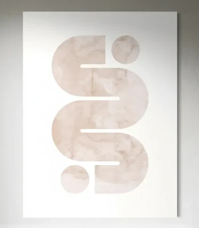 Minimalist hand-painted canvas with geometric curved forms in soft taupe and cream tones, contemporary wall space