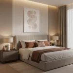 Minimalist abstract hand-painted canvas in soft taupe and terracotta organic forms, contemporary bedroom
