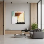 Gestural abstract hand-painted canvas in warm ochre, deep brown, and cream tones with expressive brushwork, contemporary living space