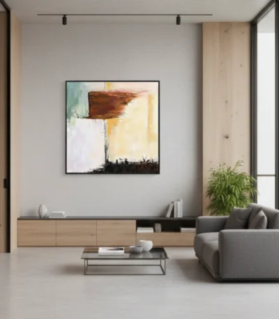 Gestural abstract hand-painted canvas in warm ochre, deep brown, and cream tones with expressive brushwork, contemporary living space