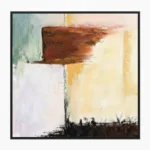 Gestural abstract hand-painted canvas with layered rust, ochre, and sage brushstrokes on cream, contemporary living space