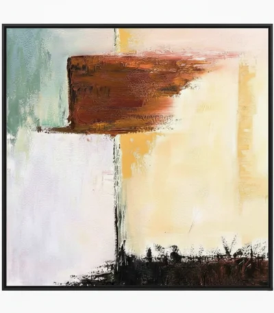Gestural abstract hand-painted canvas with layered rust, ochre, and sage brushstrokes on cream, contemporary living space