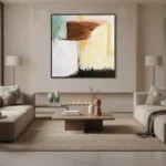Gestural abstract hand-painted canvas with rust, cream, and charcoal brushstrokes, contemporary living space