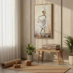 Contemporary figurative hand-painted canvas of graceful ballet dancer in flowing white dress, warm ochre and blue tones, styled interior