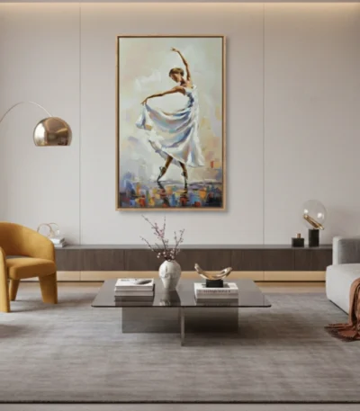Contemporary figurative hand-painted canvas depicting graceful dancer in flowing blue fabrics, warm earth and sky tones, modern living space