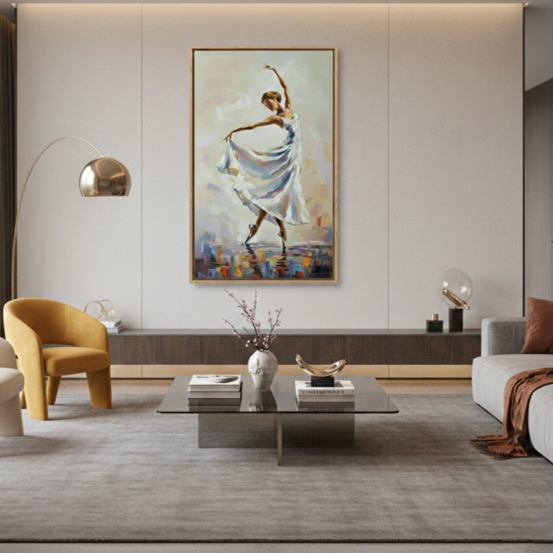 Dynamic brushstroke movements color art wall decor (1.5) Contemporary figurative hand-painted canvas depicting graceful dancer in flowing blue fabrics, warm earth and sky tones, modern living space