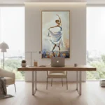 Contemporary figurative hand-painted canvas of a dancer in flowing garments with impressionistic blue and gold cityscape palette, modern workspace